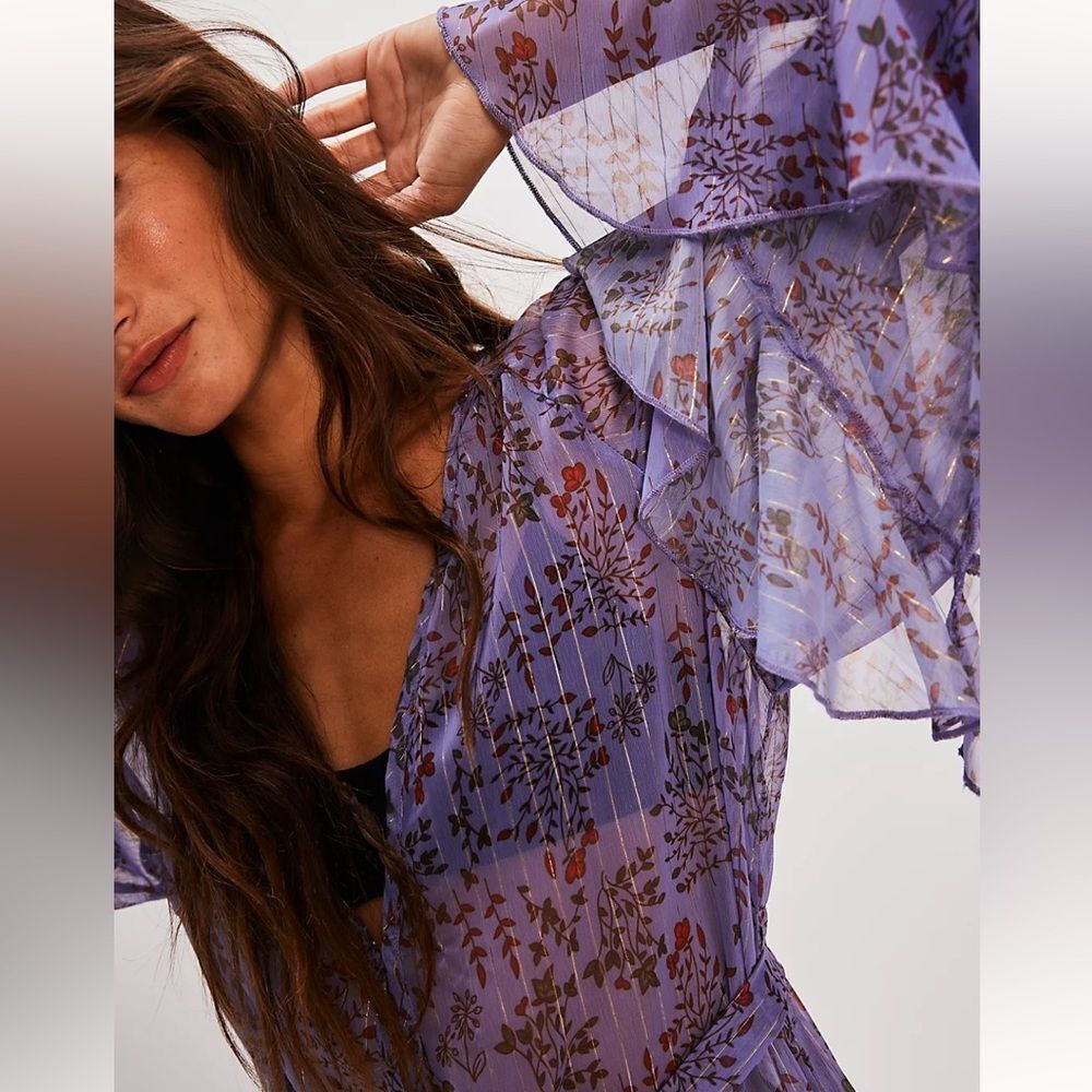 Lavender Floral Sheer Tie-Waist Kimono Tunic - Picture 2 of 15